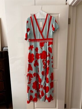 Light Blue & Red Floral V-Neck Midi Dress